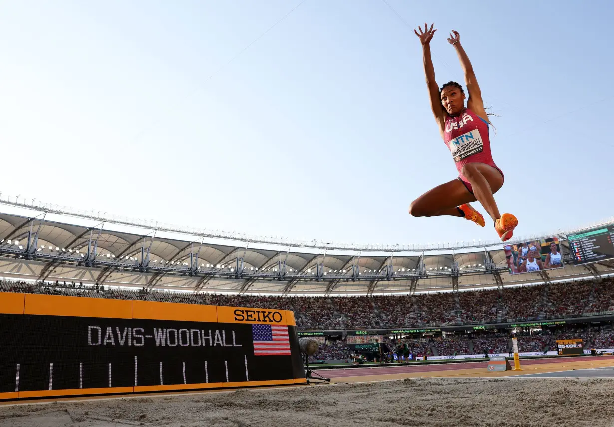 Tara Davis-Woodhall competes at last year's world championships in Budapest, Hungary.