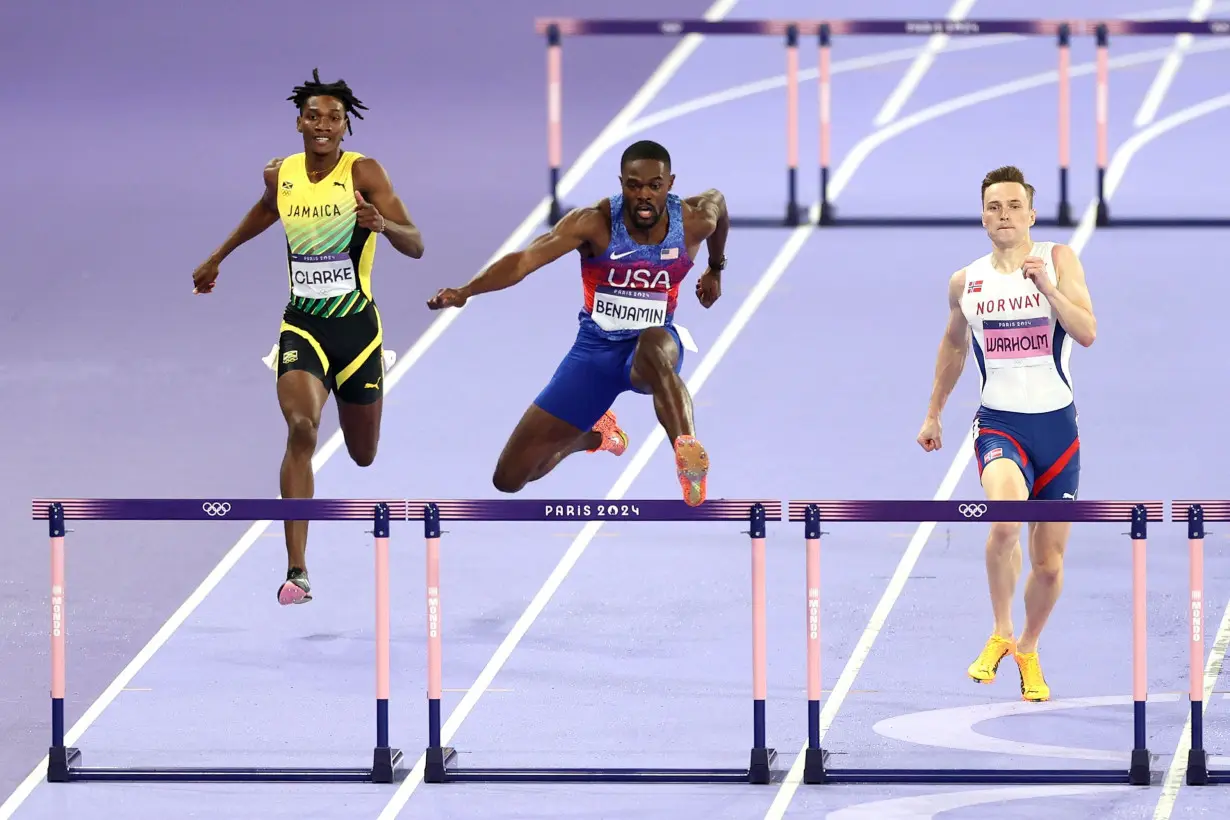 Rai Benjamin of Team United States competes during the Men's 400m Hurdles Final on day fourteen of the Olympic Games Paris 2024 at Stade de France on August 09, 2024 in Paris, France.