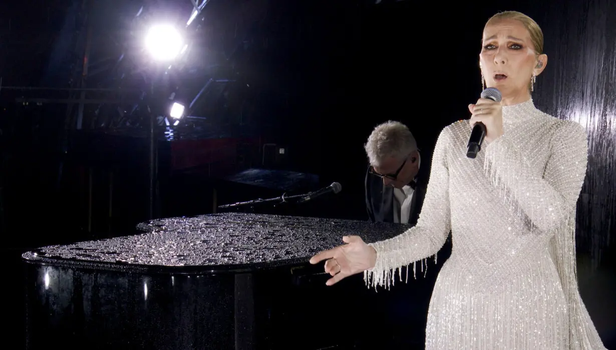 Canadian Singer Celine Dion performs at the Eiffel Tower at the conclusion of the opening ceremony of the Olympic Games Paris 2024 on July 26.