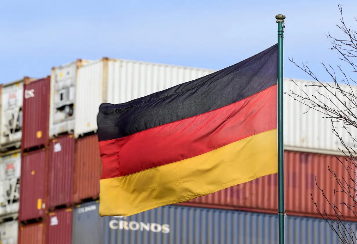 FILE PHOTO: A German flag blows in the wind in front of a stack of containers at the harbour in Hamburg