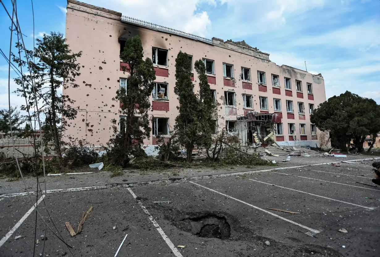 A view shows a building damaged during recent fighting between Ukrainian and Russian forces in the town of Sudzha