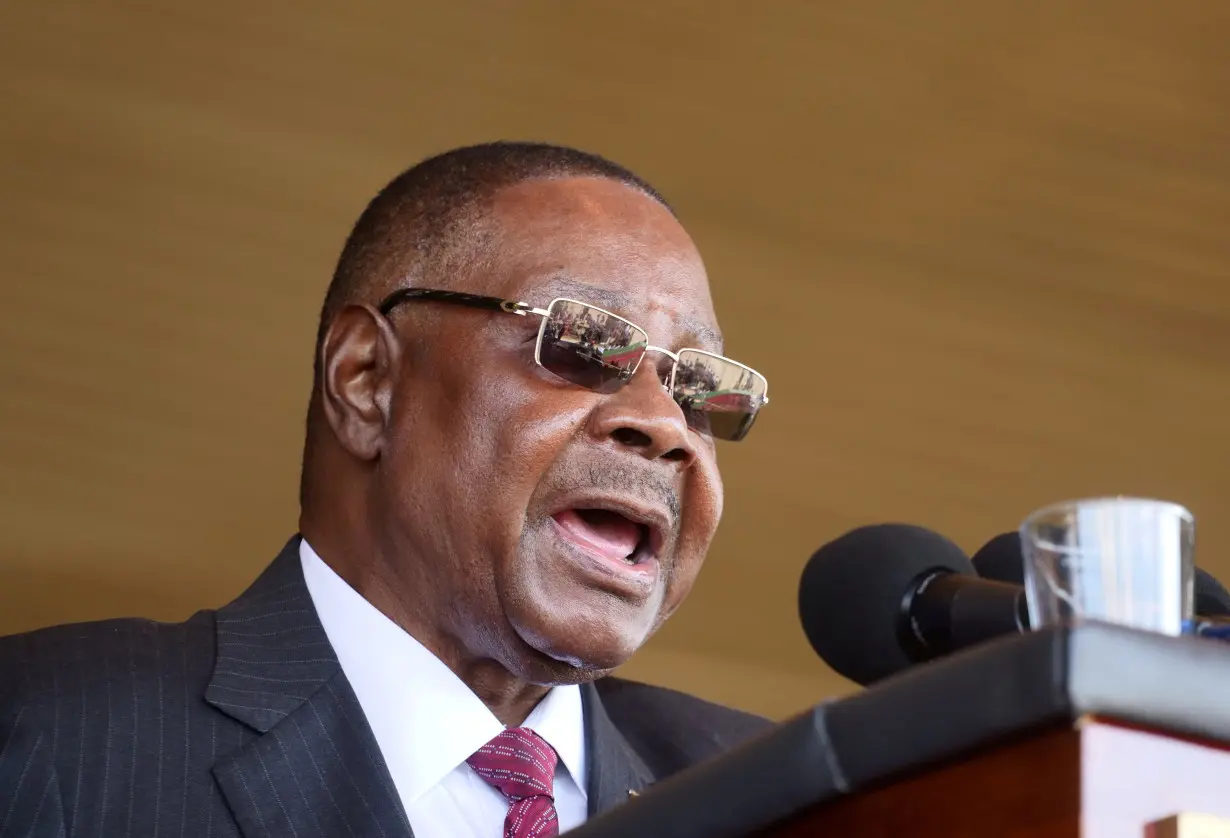 Malawi's President Peter Mutharika addresses guests during his inauguration ceremony in Blantyre