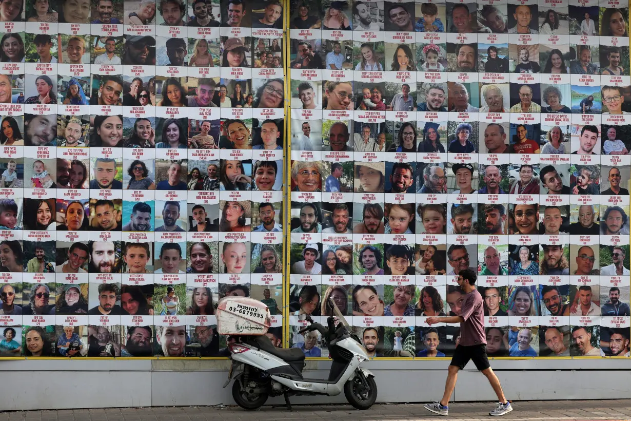 Posters in support of hostages kidnapped during the October 7 attack in Tel Aviv