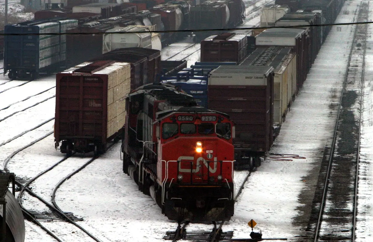 FILE PHOTO: CN RAILWAY TRAIN MOVES ALONG TRACKS AT TORONTO MACMILLAN YARD.