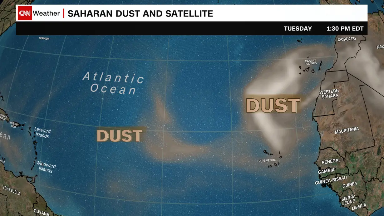 A plume of dust impacts part of the Atlantic Ocean on August 20.