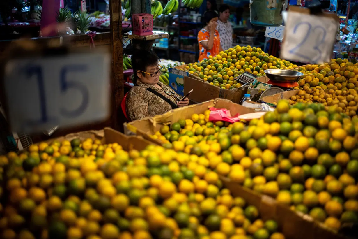 A vendor looks at a mobile phone at her fruit stall at a market as Thailand is to inject $15.2 bln into economy next year through its digital wallet policy, in Bangkok