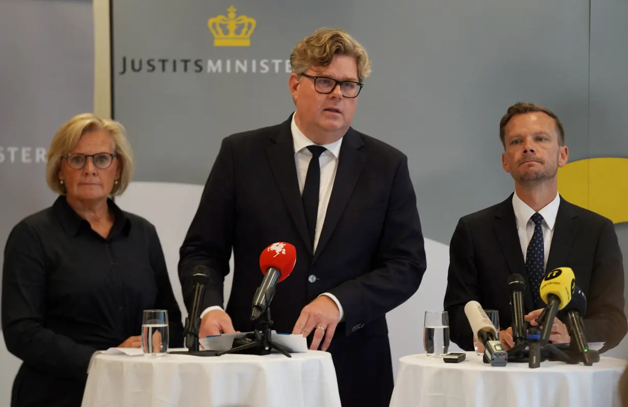 Swedish Justice Minister Strommer, his Danish counterpart Hummelgaard and Swedish national police chief Lundh attend a press conference in Copenhagen