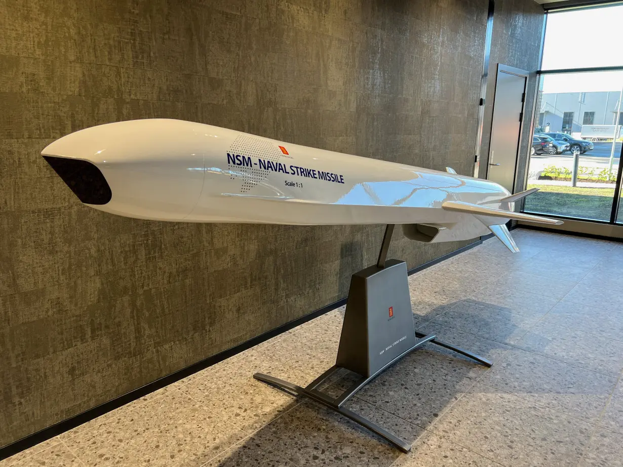 FILE PHOTO: A model of the Naval Strike Missile, an anti-ship missile produced by Norway's Kongsberg, is showcased at the entrance of Kongsberg's new missile factory in Kongsberg