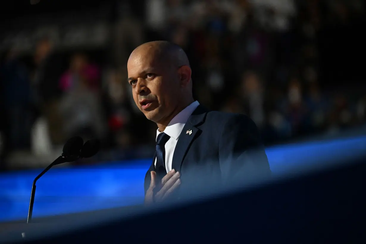 Retired US Capitol Police Officer Sgt. Aquilino Gonell speaks at the Democratic National Convention in Chicago, on August 21.