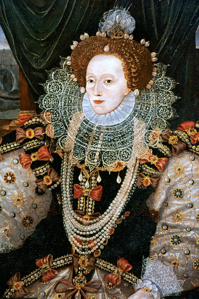 A portrait of Elizabeth I, Queen of England and Ireland from 1558 - 1603, attributed to George Gower circa 1588. In those days women depilated not only the arches of their eyebrows but their hairlines as well, in a bid to create the look of an elongated forehead which was said to be a sign of intelligence.