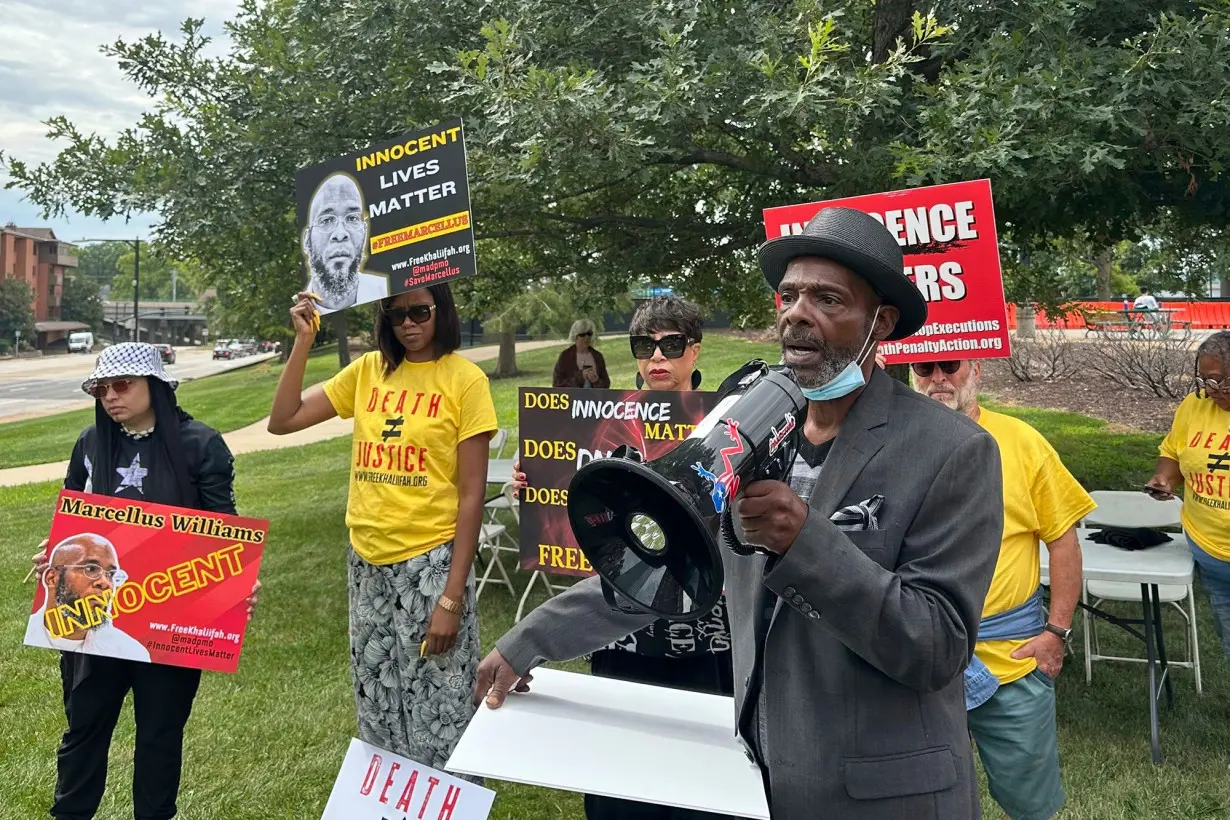 Joseph Amrine, who was exonerated two decades ago after spending years on death row, speaks at a rally to support Missouri death row inmate Marcellus Williams on August 21, in Clayton, Missouri.