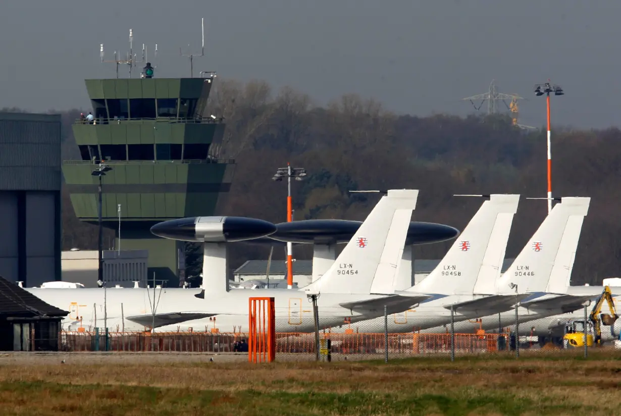 NATO AWACS aircrafts stand on apron at AWACS air base in Geilenkirchen