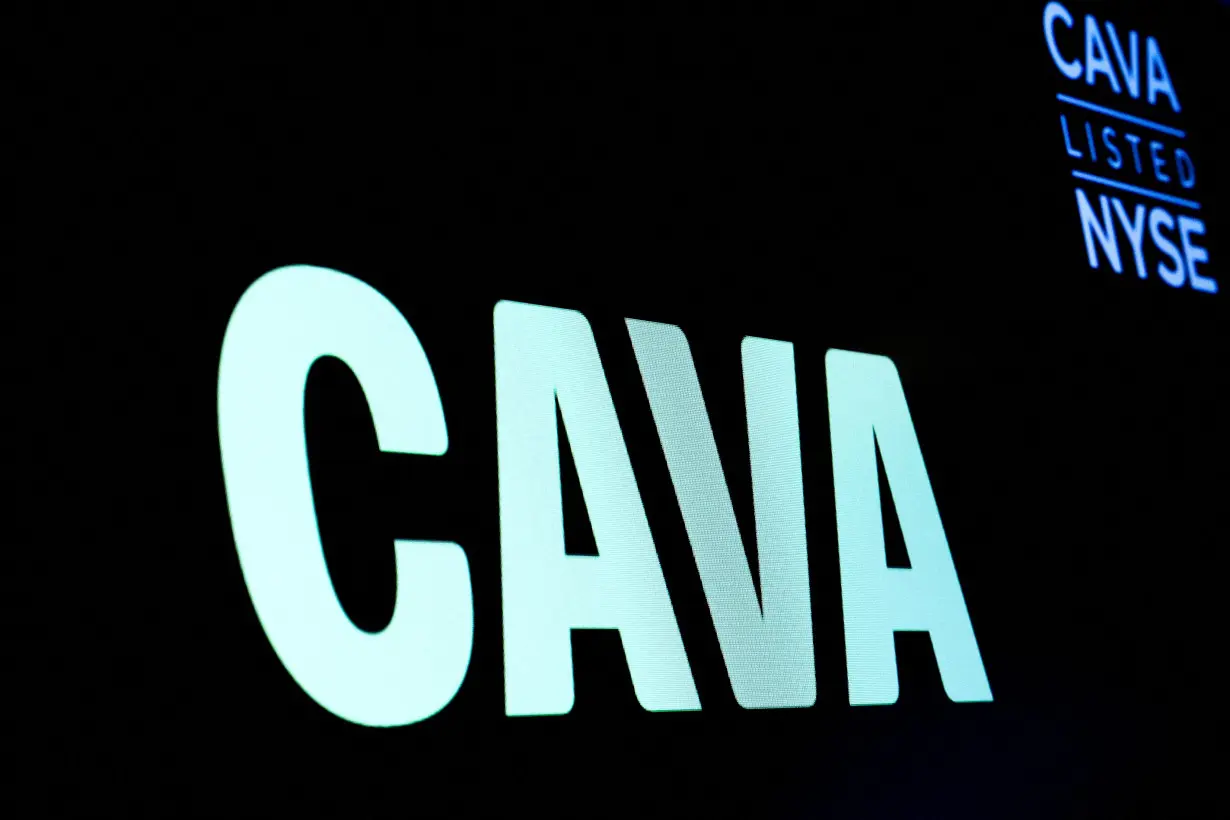 FILE PHOTO: The logo for Cava Group is displayed on a screen on the floor of the NYSE in New York