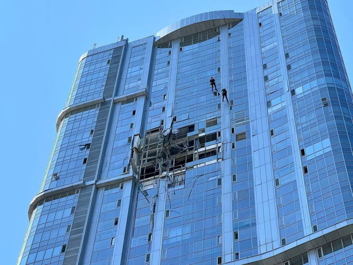 A view shows a damaged residential building following a drone attack in Saratov