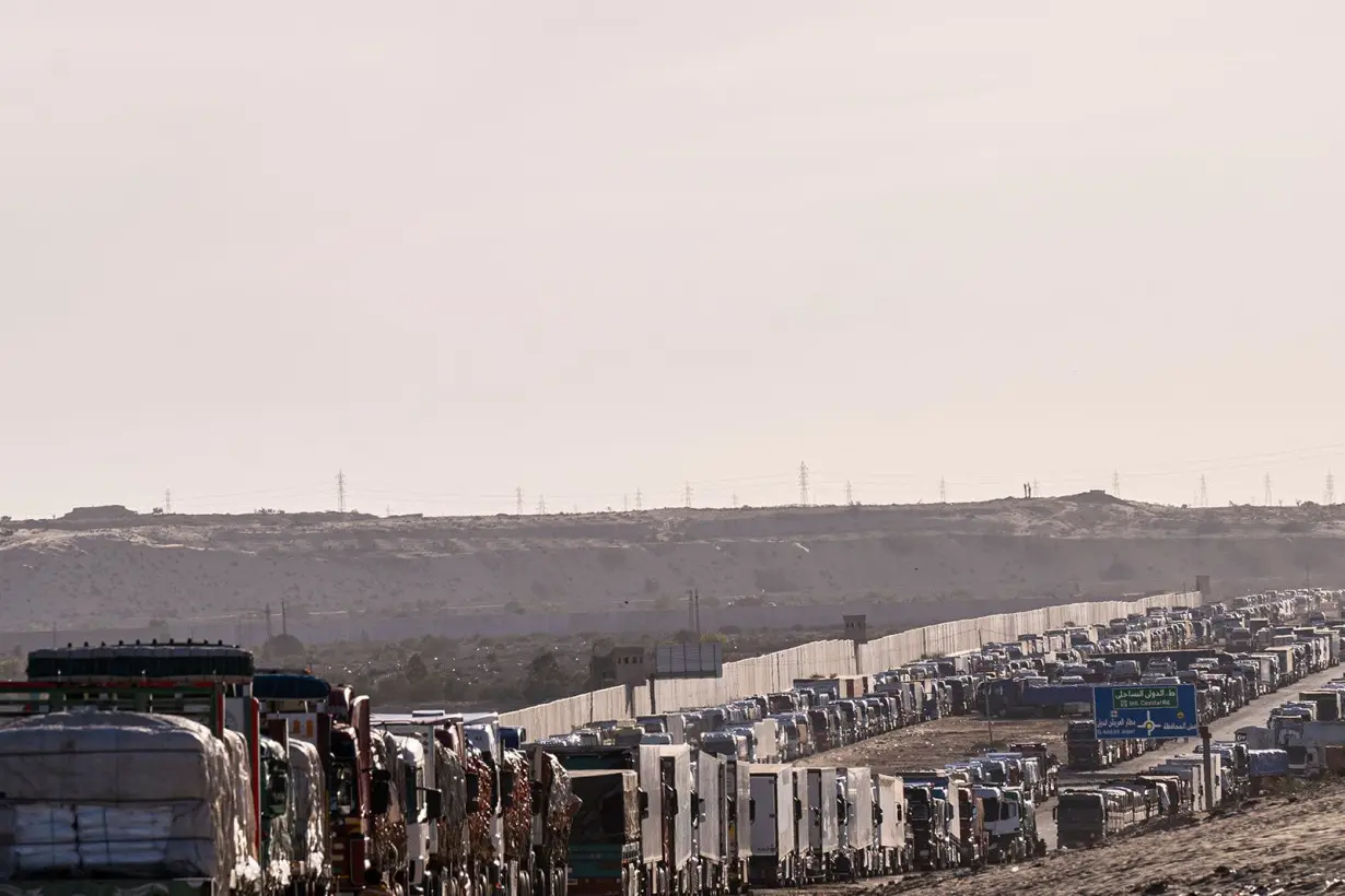 Aid trucks loaded with supplies for Gaza wait in Arish, Egypt, in May.