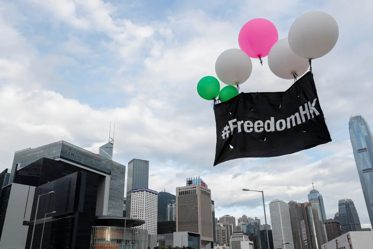 Balloons with protest slogans are seen outside the Legislative Council building during the anniversary of Hong Kong's handover to China in Hong Kong