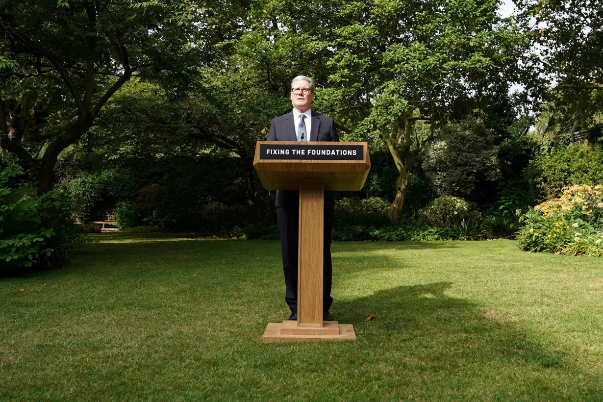 British Prime Minister Sir Keir Starmer speaks at the Rose Garden at 10 Downing Street, in London