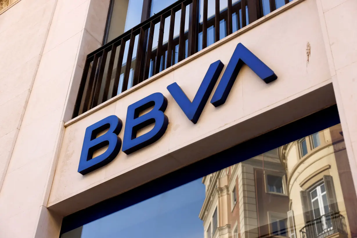 FILE PHOTO: The logo of BBVA bank is seen on the facade of a BBVA bank branch office in Malaga