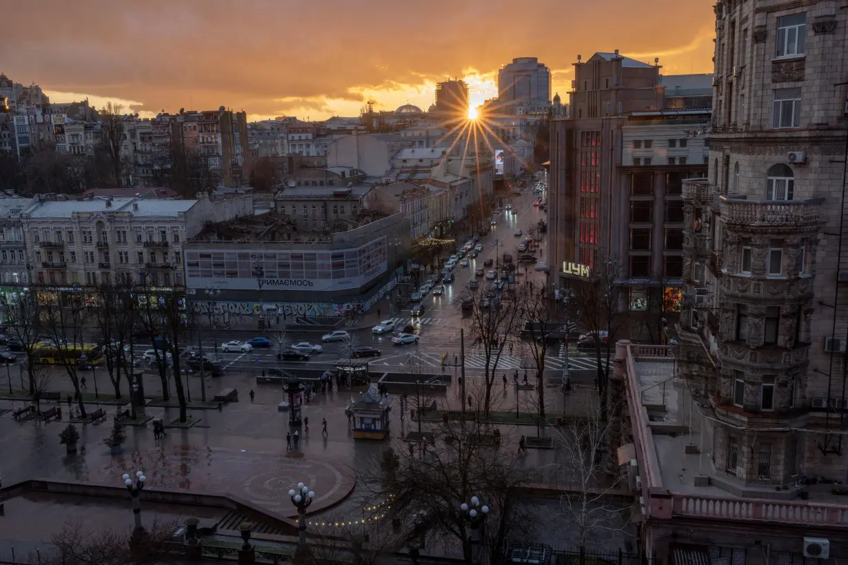 Evening sun sets over the skyline near Khreshchatyk Street in Kyiv