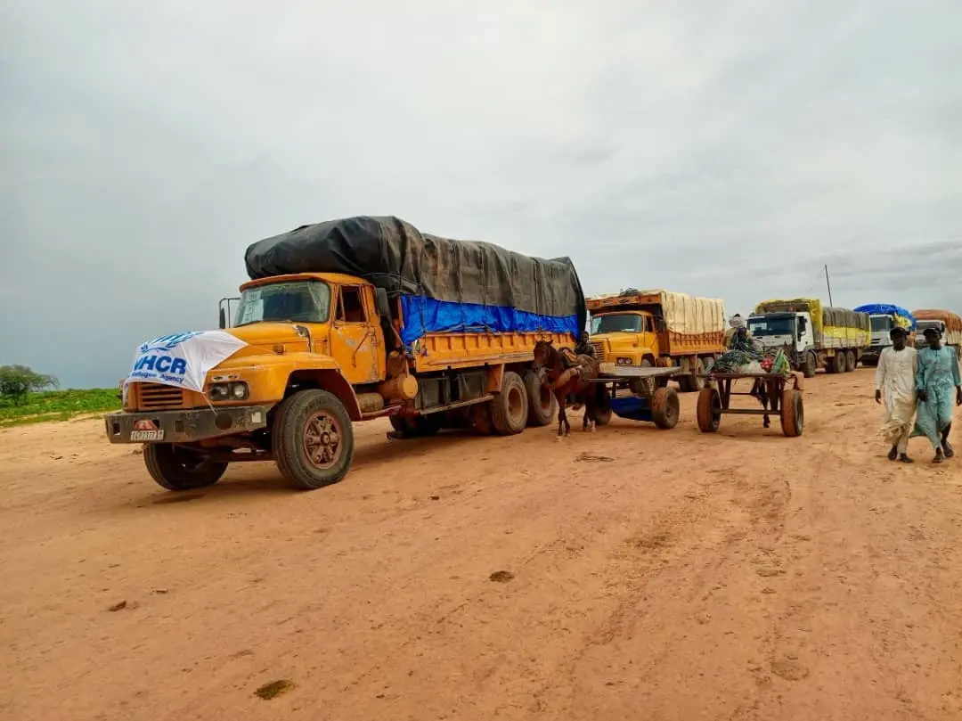 View of aid trucks with relief material for Sudan, at a location given as the border of Chad and Sudan