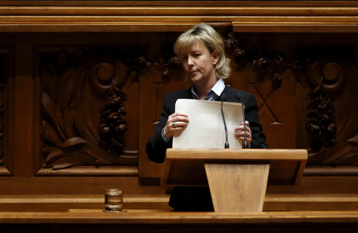 Portugal's Social Democratic deputy Maria Luis Albuquerque finishes her intervention during a debate on the stability program at the parliament in Lisbon