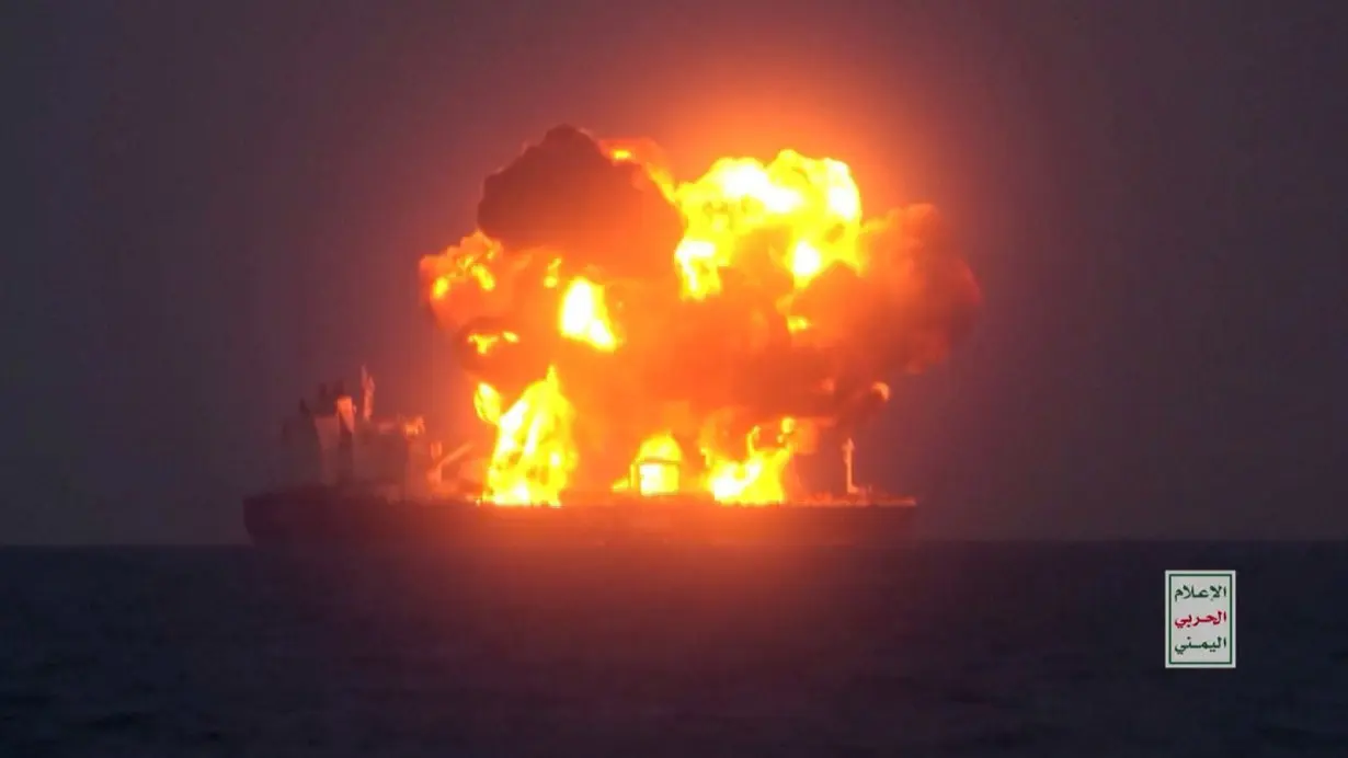 The Sounion, pictured on August 21, is still on fire after Yemen's Houthi rebels assaulted the Greek-flagged oil tanker. They say the attacks are in solidarity with Palestinians amid Israel's war in Gaza.