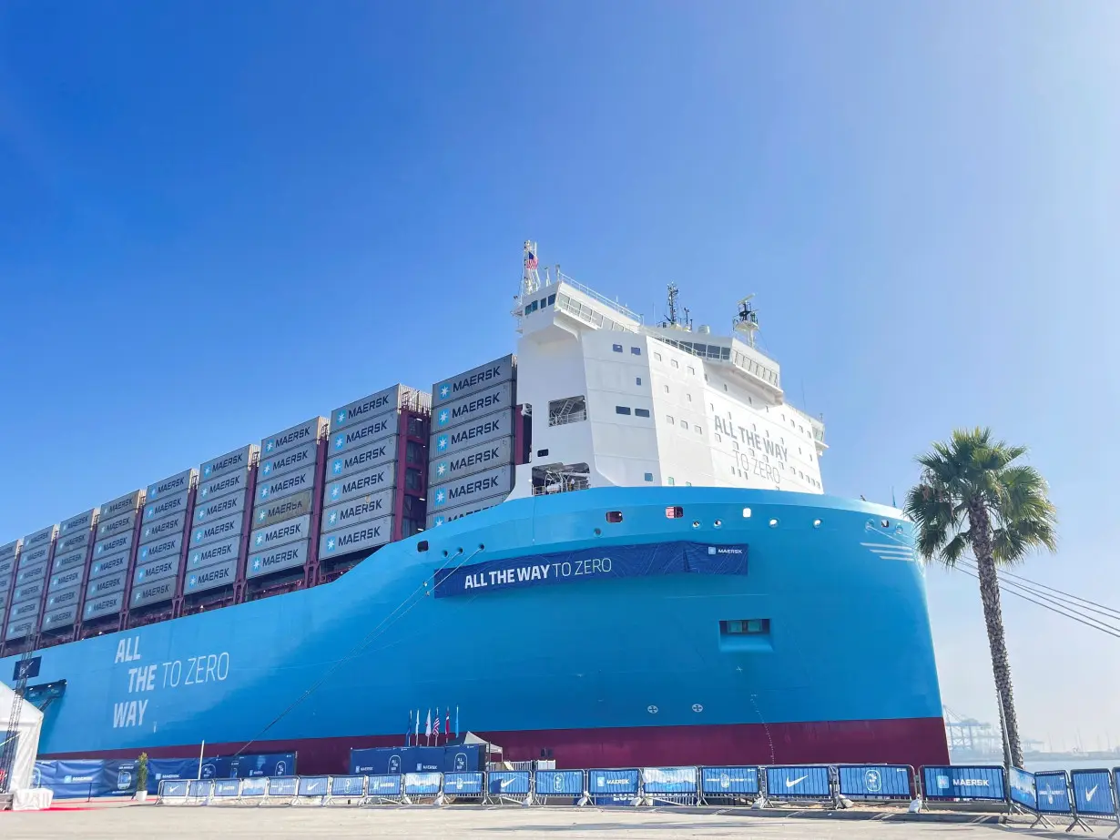 The Alette Maersk, a green methanol-powered ship, is seen docket at the Port of Los Angeles