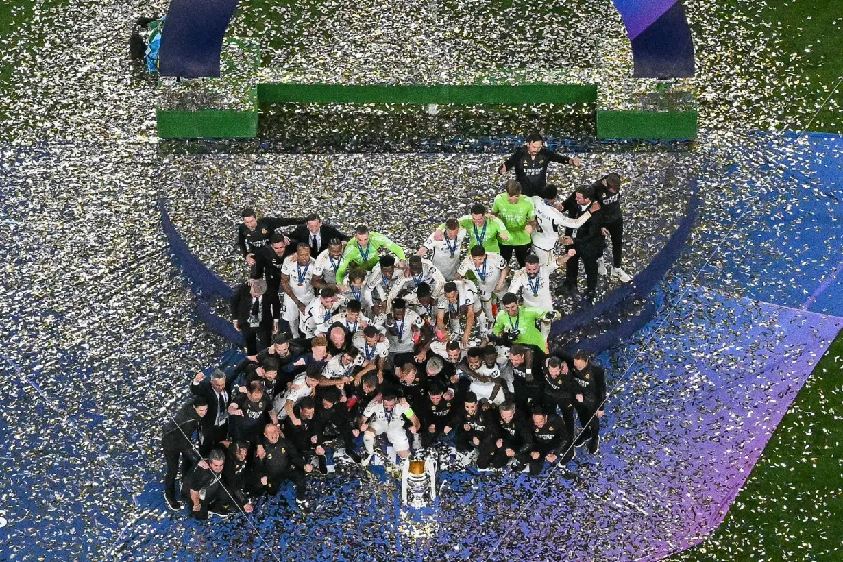 Real Madrid's players celebrate winning the 2023/24 Champions League after beating Borussia Dortmund in the final at Wembley Stadium on June 1.