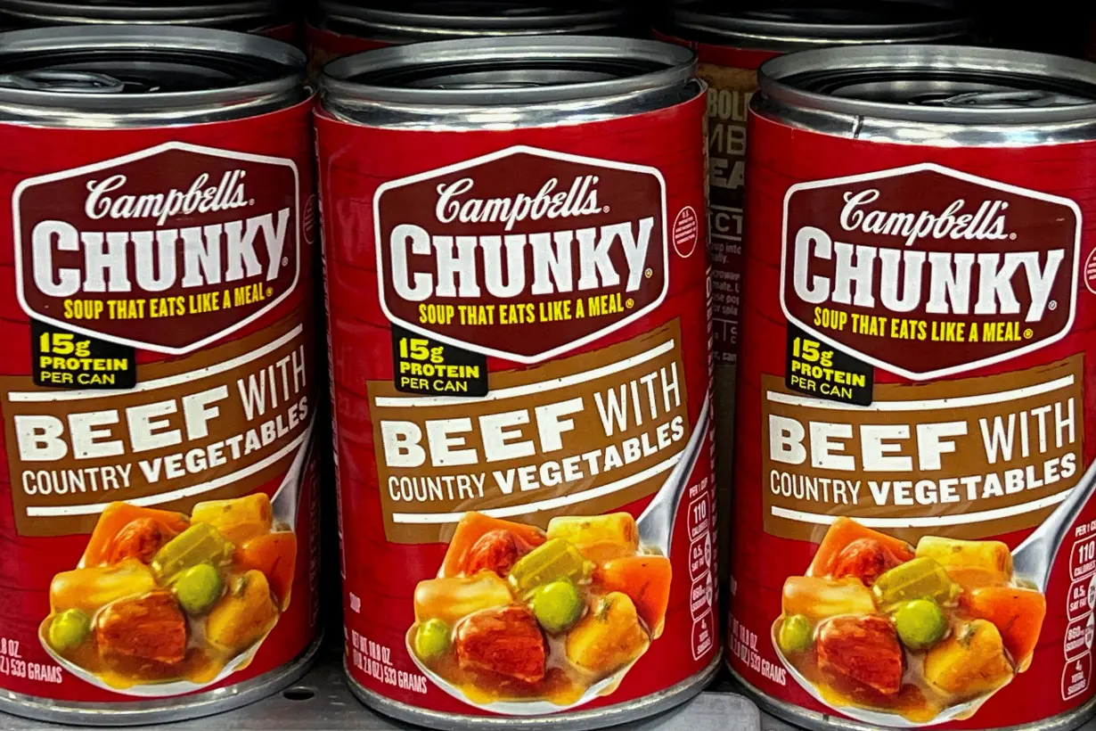 FILE PHOTO: Cans of Campbell's chunky beef soup line a supermarket shelf in Bellingham