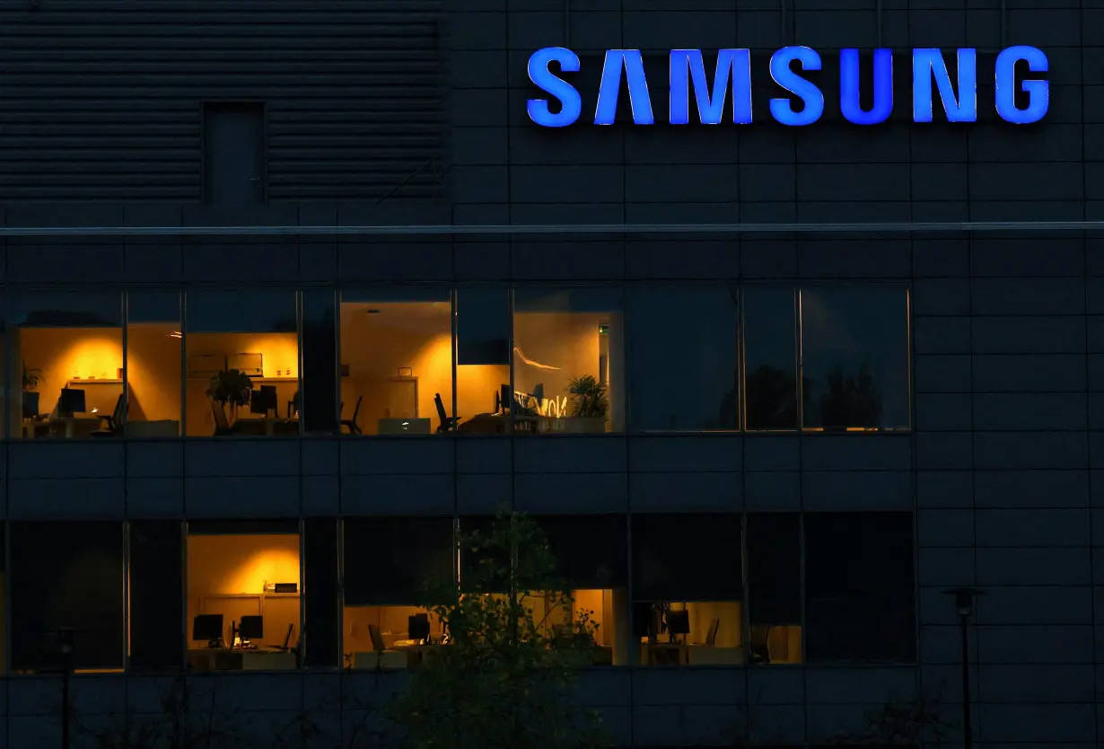 FILE PHOTO: The logo of Samsung is seen on the top of a Brussels' office of the company in Diegem