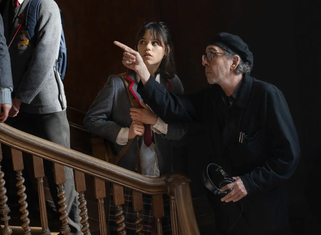 (From left) Jenna Ortega and director Tim Burton on the set of 'Beetlejuice Beetlejuice.'