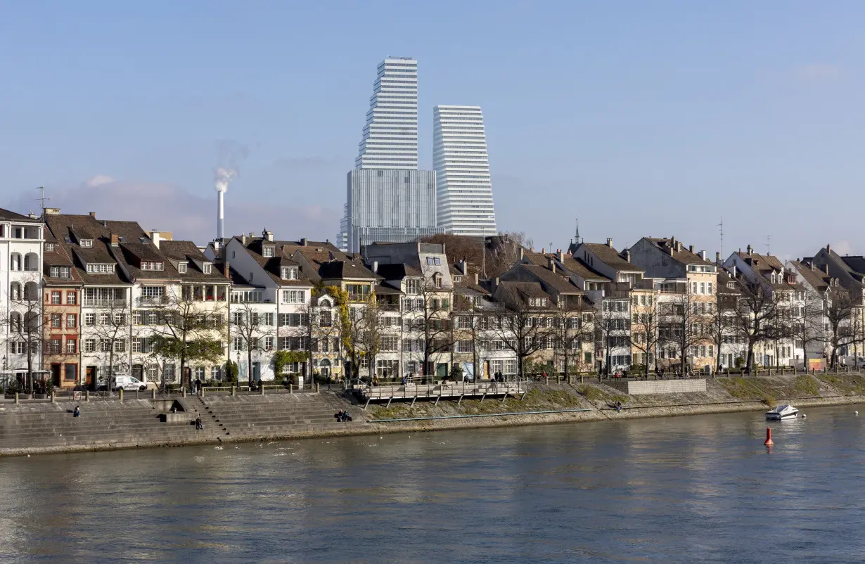 The Rhine River and the two towers of Swiss drugmaker Roche's headquarters are seen in Basel