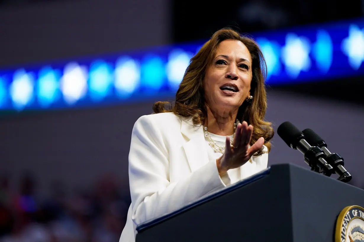 Democratic presidential nominee and U.S. Vice President Kamala Harris delivers remarks at a campaign rally in Savannah