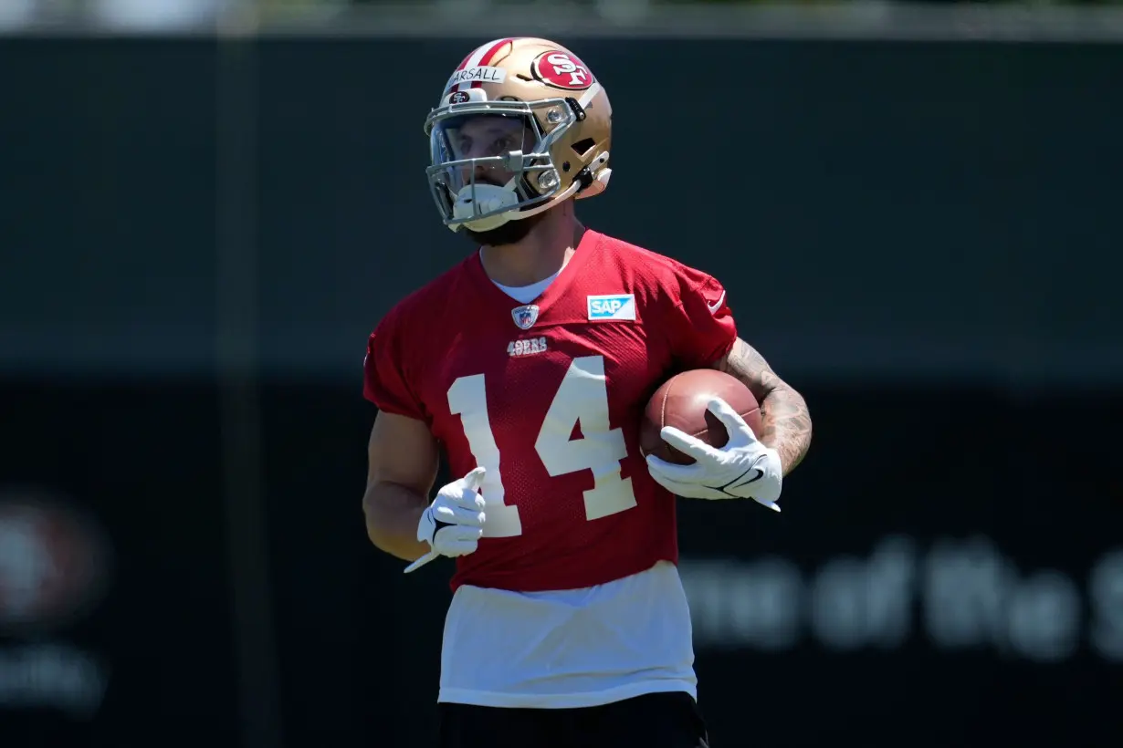 Pearsall carries the ball during the NFL football team's rookie minicamp in Santa Clara, California, on May 10.