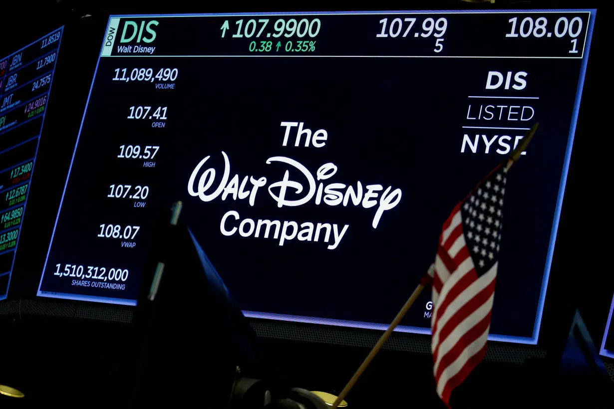 FILE PHOTO: A screen shows the trading info for The Walt Disney Company company on the floor of the NYSE in New York