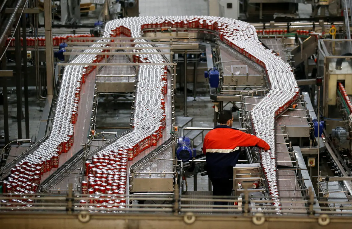 A man works at a Mahou beer factory in Alovera, Guadalajara, Spain