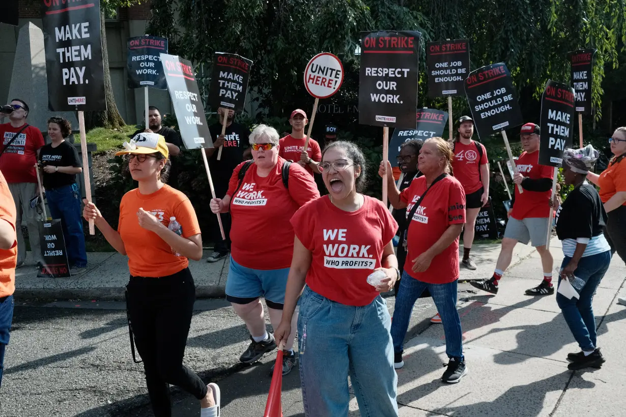 Hotel workers represented by the Unite Here strike in Greenwich