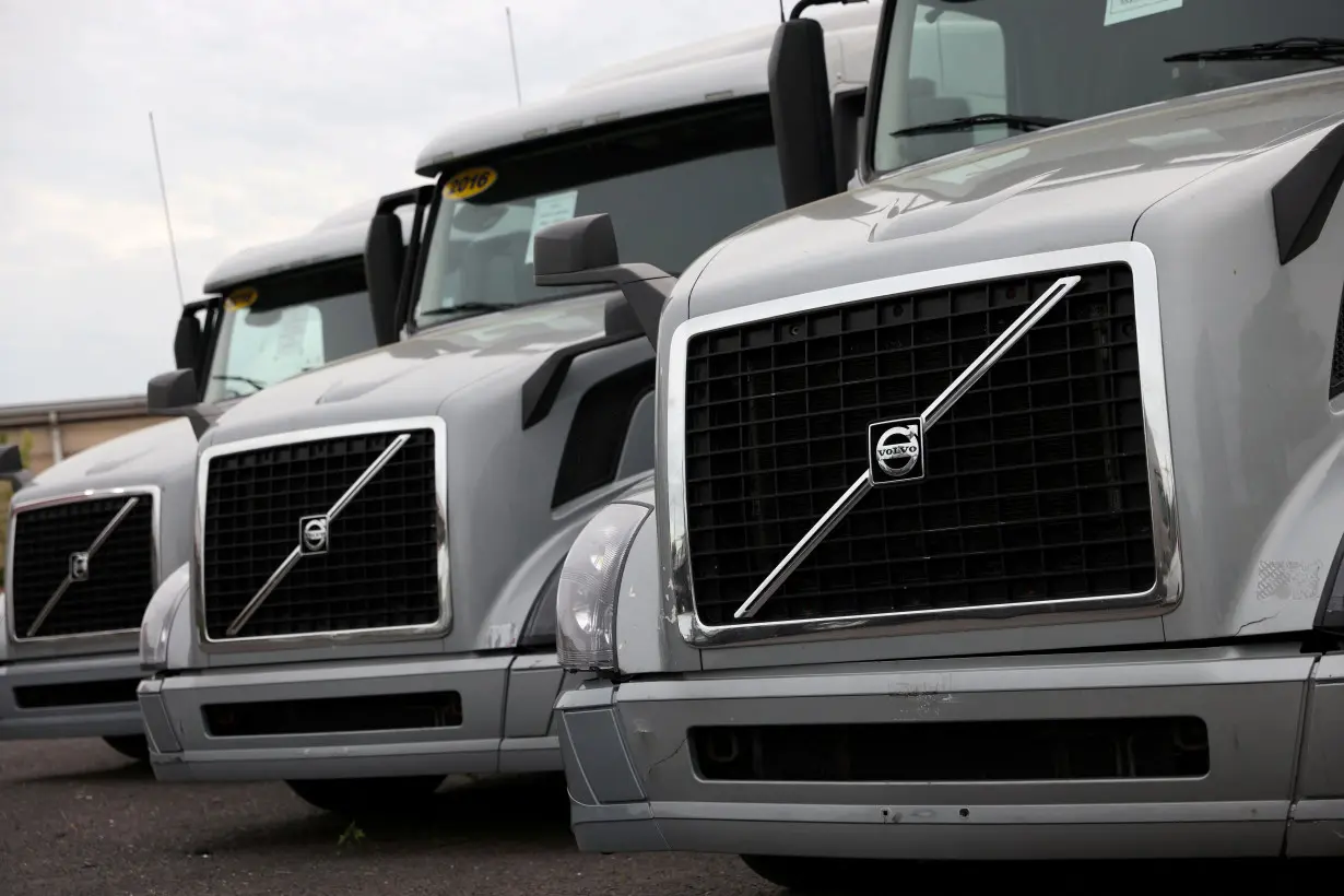 Volvo trucks are seen for sale in Linden, New Jersey