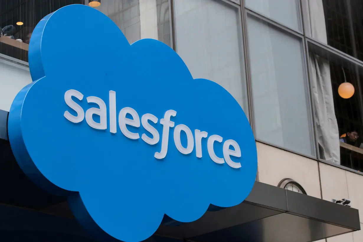 FILE PHOTO: The company logo for Salesforce.com is displayed on the Salesforce Tower in New York