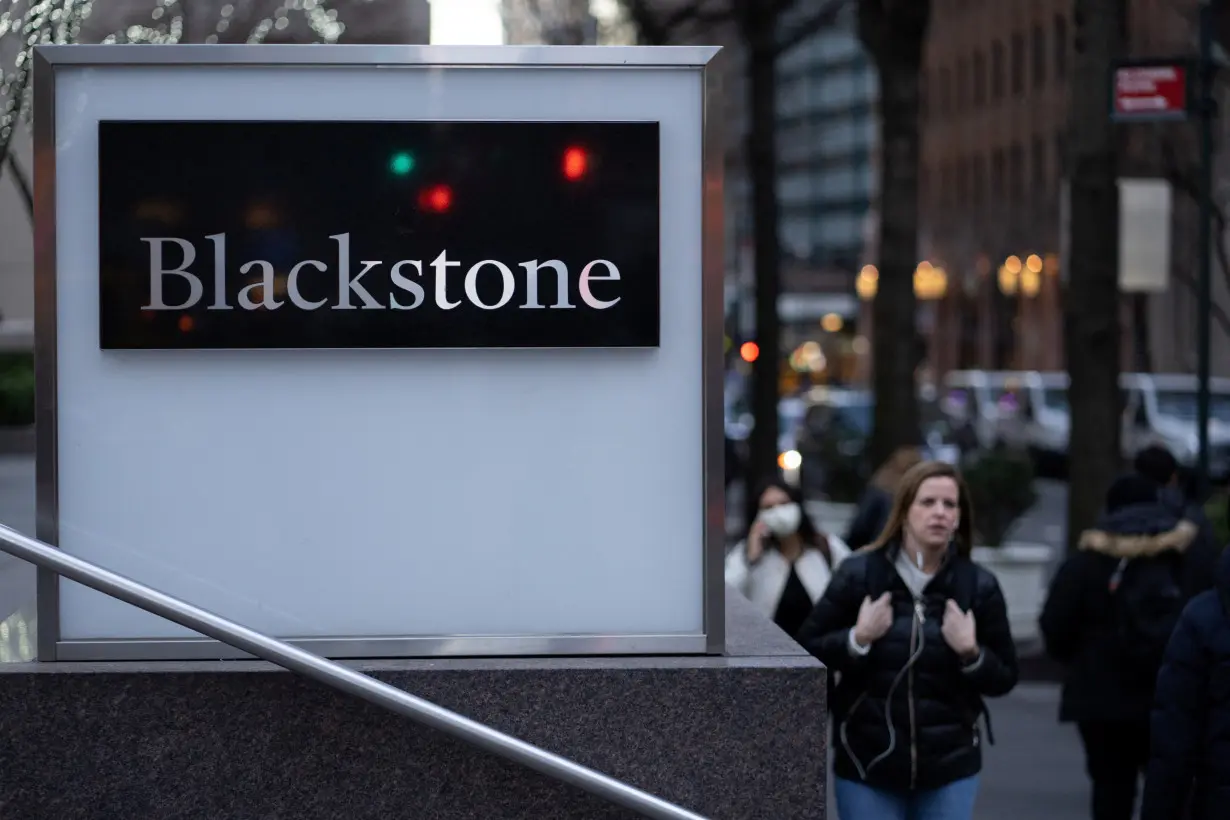 Signage is seen outside the Blackstone Group headquarters in New York City