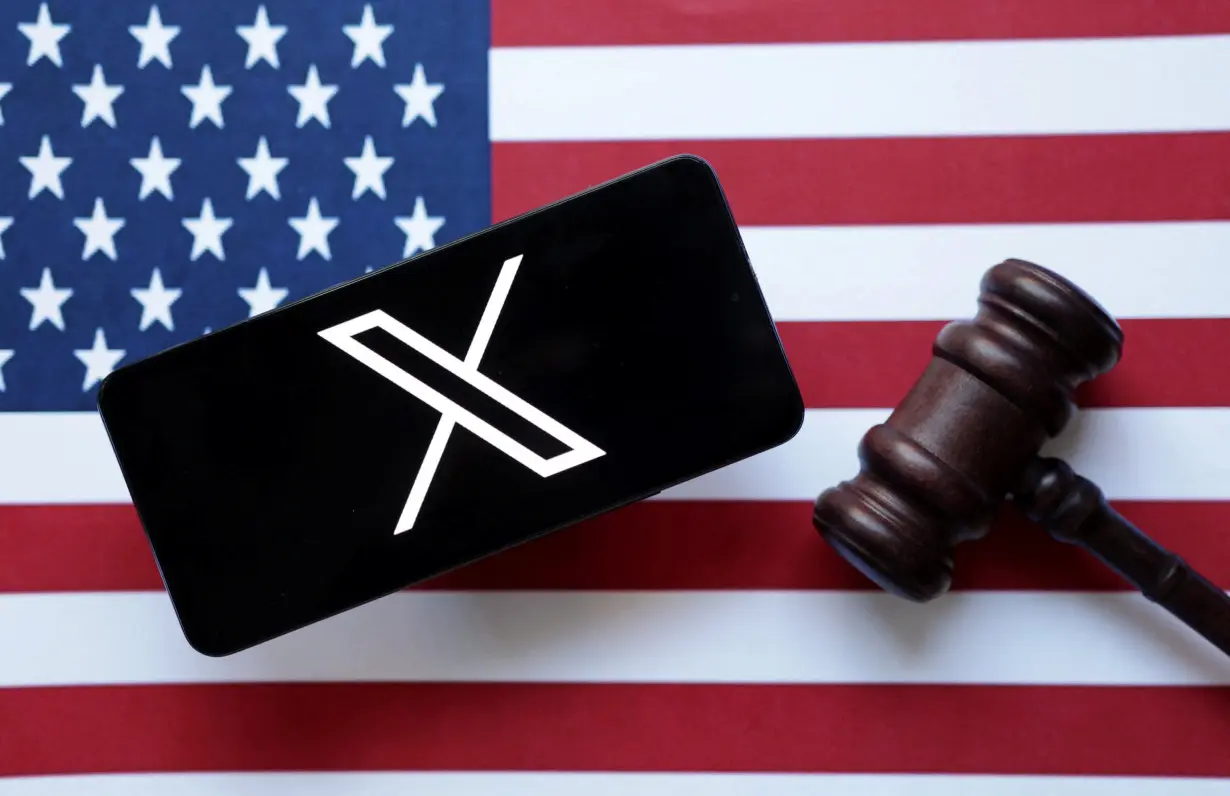 Illustration shows X logo, U.S. flag and Judge gavel