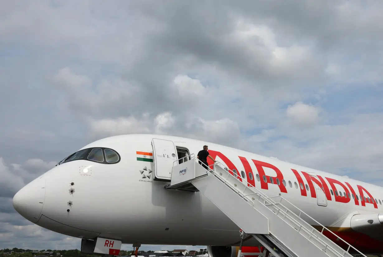 Branding for Air India is seen on Airbus A350-900 at Farnborough International Airshow, in Farnborough