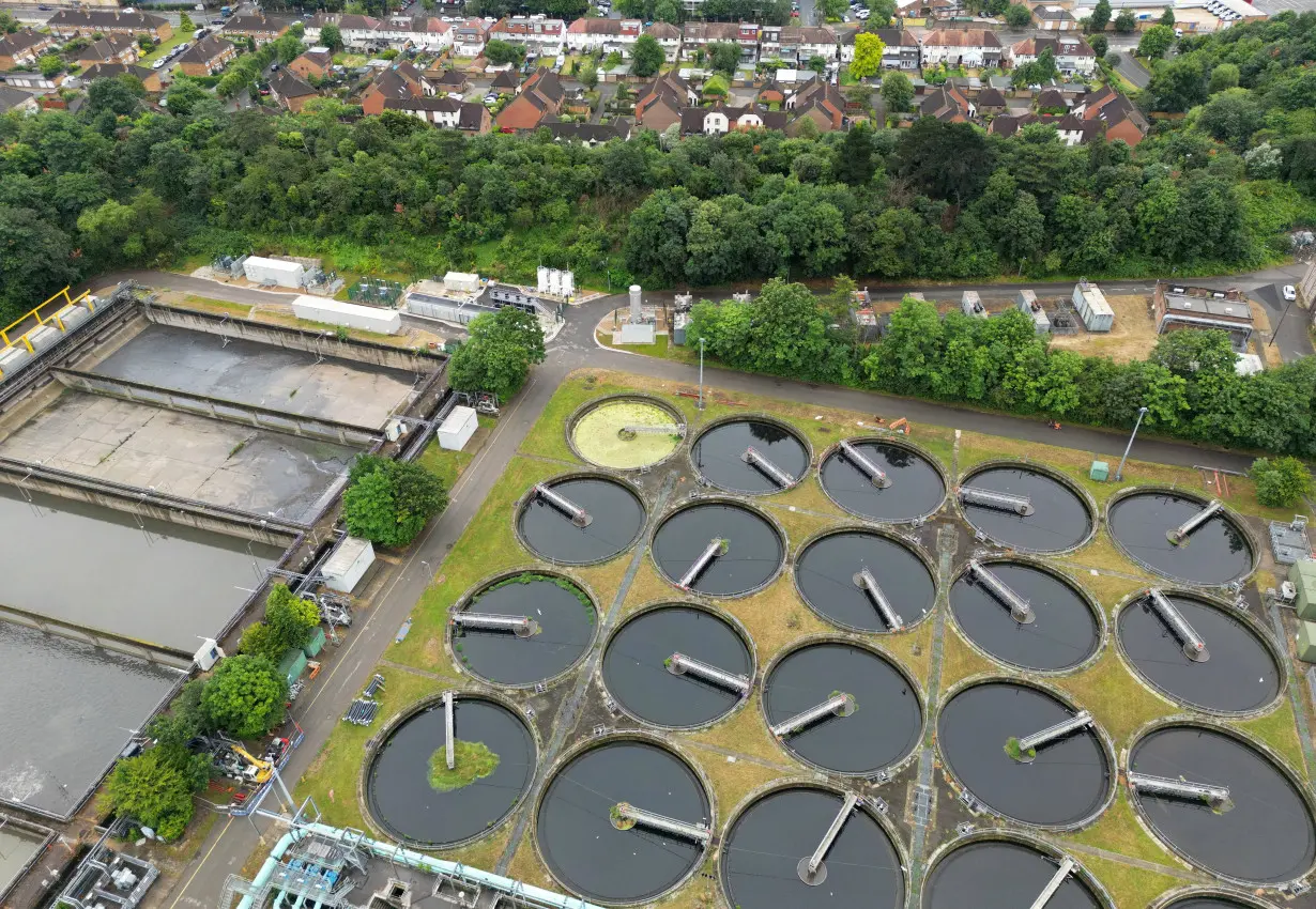 FILE PHOTO: A drone view shows Mogden sewage treatment works, owned by Thames Water, in west London