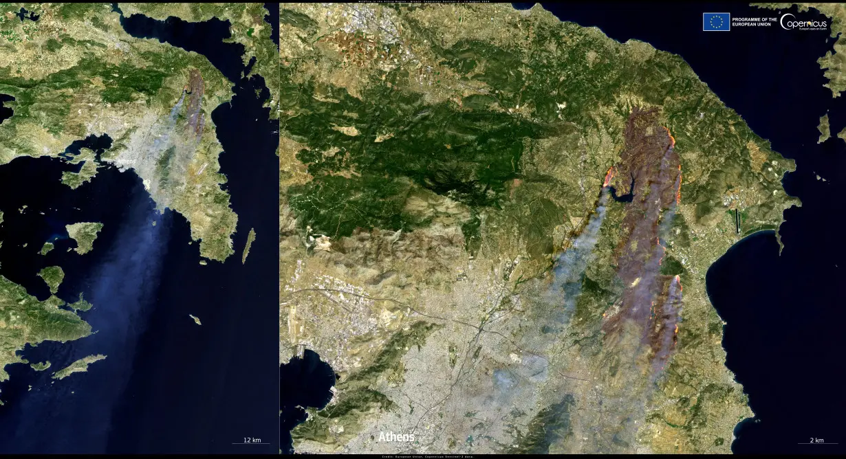 FILE PHOTO: A handout image shows satellite views of wildfires burning in Greece