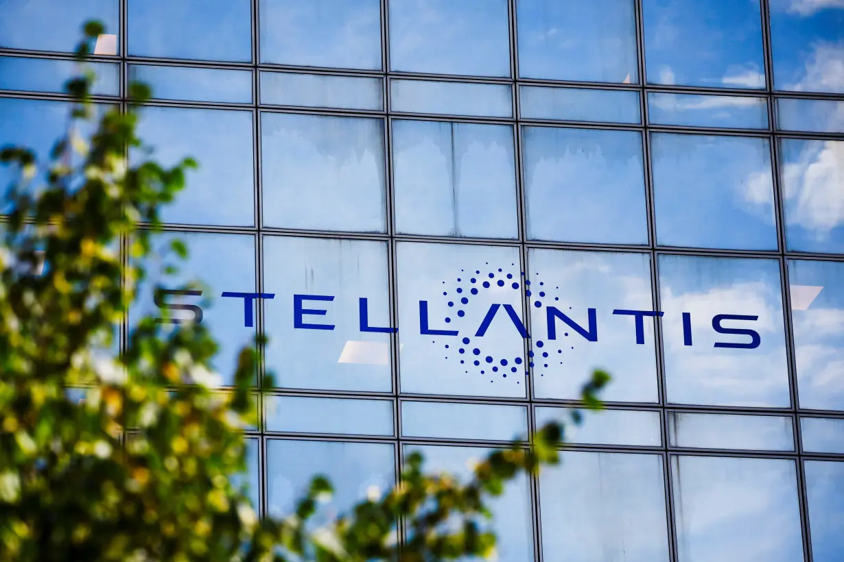 The logo of Stellantis is seen on the company's building in Poissy