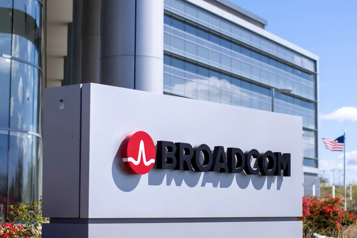 The Broadcom Limited company logo is shown outside one of their office complexes in Irvine, California