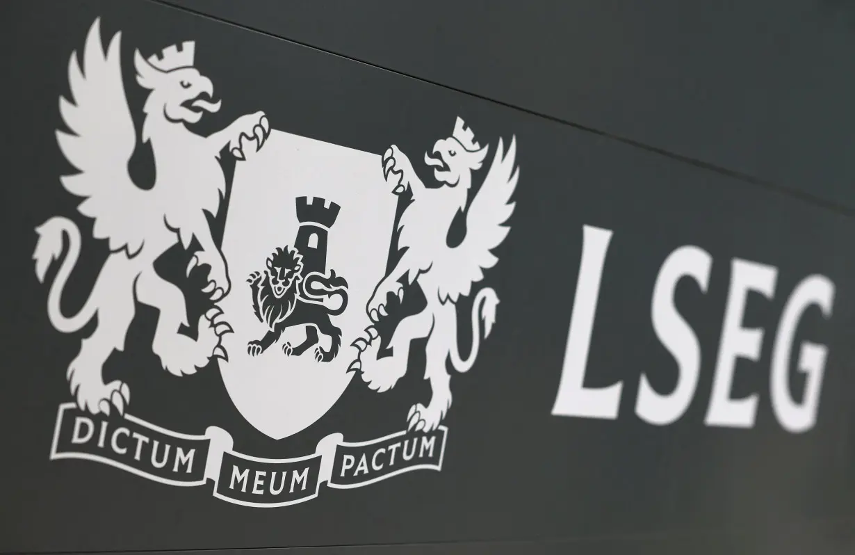 Signage for the London Stock Exchange Group is seen outside of offices in Canary Wharf in London