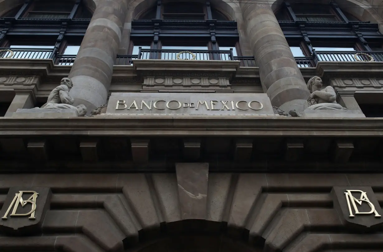 The Bank of Mexico logo is pictured on the facade of an office building in downtown Mexico City