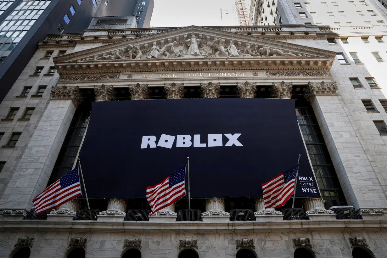 FILE PHOTO: The Roblox logo is displayed on a banner, to celebrate the company's IPO at the NYSE is seen in New York