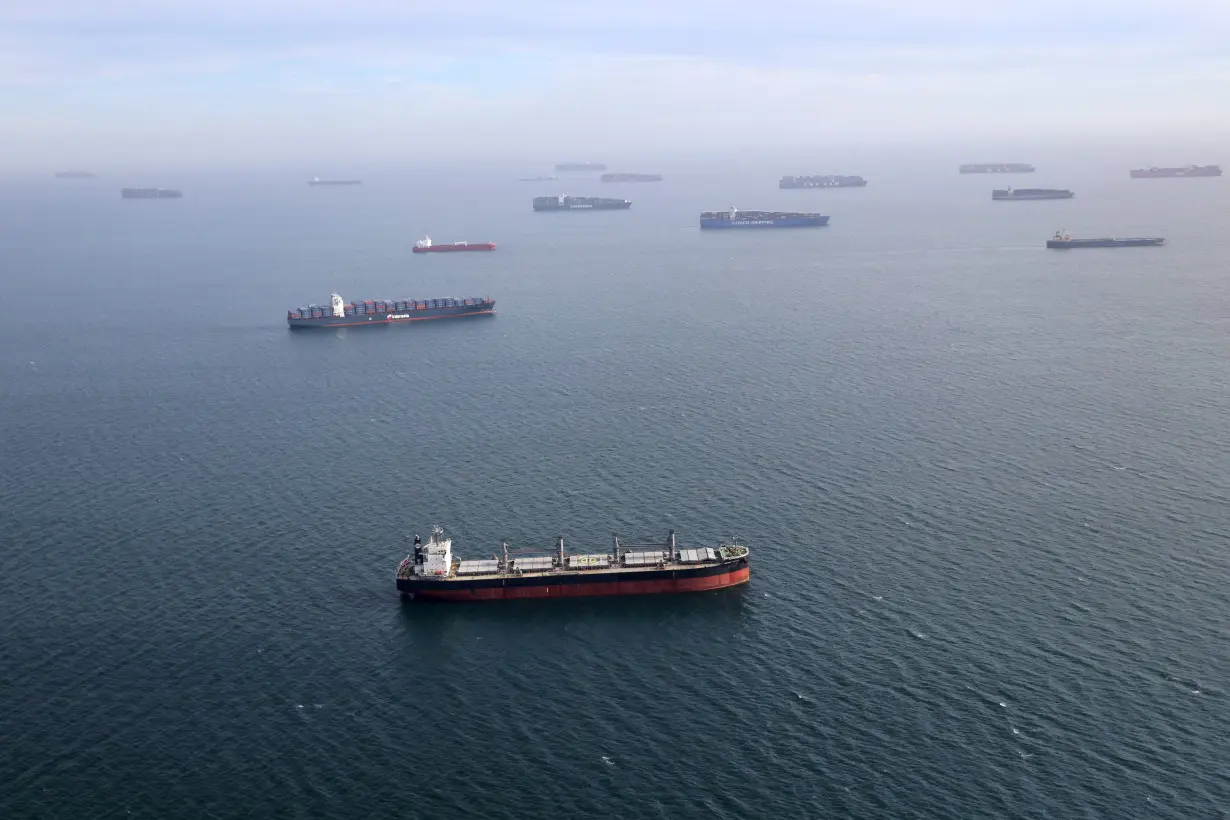 FILE PHOTO: Container ships and oil tankers wait in the ocean outside the Port of Long Beach-Port of Los Angeles complex, in Los Angeles